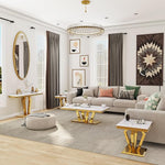 Load image into Gallery viewer, Coffee Table Set, 48 inches Modern Gold Coffee Table with 4 Geometric Polished Bases and Rectangular Gold Console Table with White Top for Living Room (Coffee Table + Console Table)