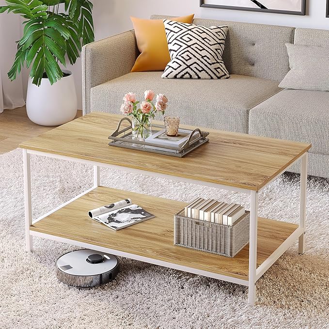 SAYGOER Coffee Table with Storage 2-Tier Industrial Center Table for Living Room, Rectangle Wood Table for Small Spaces Apartment Home Office, Oak White