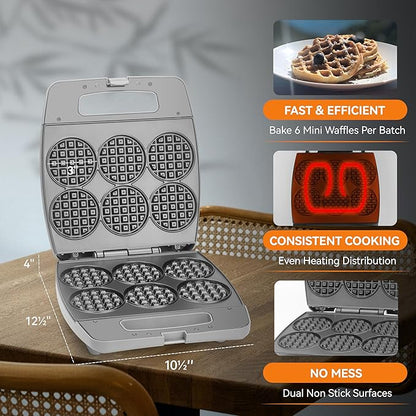 Baker's Friend Multi Mini Waffle Maker Machine, Bake 6 x 3 Inch Small Waffles, Perfect for Families and Individuals Use, Excellent Choice for Breakfast Brunch Parties & Events, Graphite