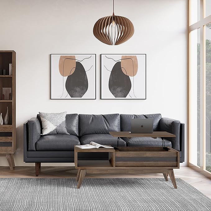 SIMPLIHOME Clarkson Lift Top Coffee Table - 48 inch Wide Solid Acacia Wood Mid-Century Cocktail Table in Rustic Natural Aged Brown, Stylish Living Room Table with Storage Compartment and Open Shelf