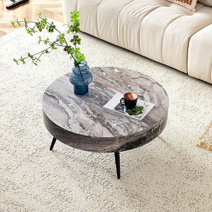 31.5" Modern Round Coffee Table,Small Coffee Tables Center Table with Metal Legs Marble-Patterned Tabletop for Living Room Office Apartment,Easy to Assemble, Grey Marble
