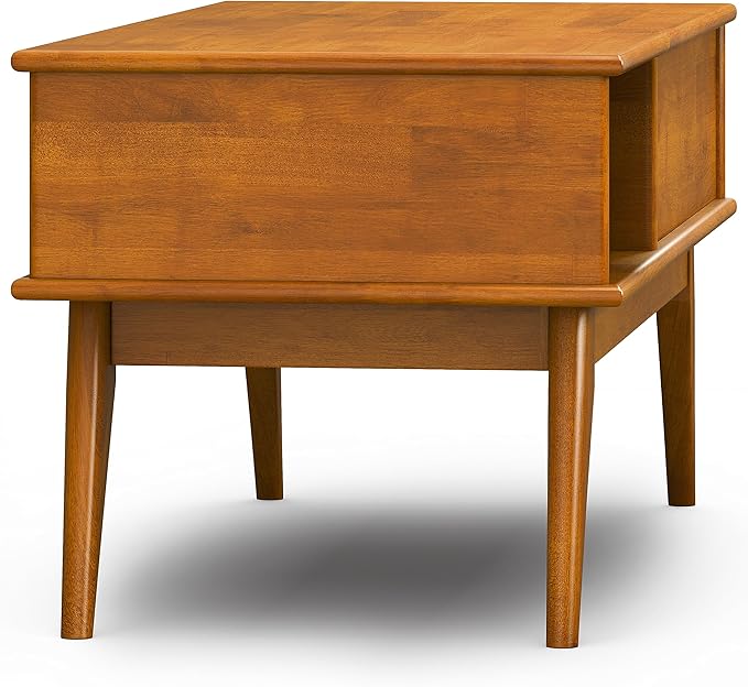 SIMPLIHOME Draper Lift Top Coffee Table - 48 inch Wide Solid Hardwood Mid-Century Modern Cocktail Table in Teak Brown, Functional Living Room Table with Storage Compartment, Open Shelf and Angled Legs