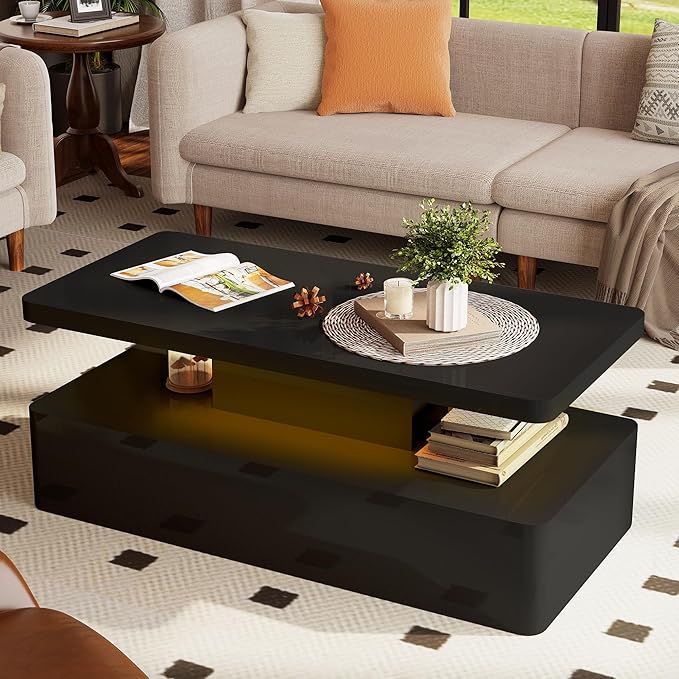 Spurgehom Contemporary Coffee Tables for Living Room, LED Coffee Table with Rounded Corner in 16 Colors, High Gloss 2 Tiers Table with Hidden Power Supply