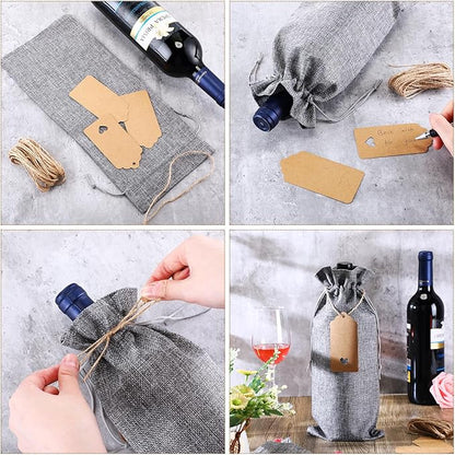 Windyun 100Pcs Burlap Wine Bags Drawstring Wine Bottle Gift Sacks with Tags 5.9 x 13.8 Inch Jute Burlap Plain Wine Bags for Wedding Birthday Blind Tastings Christmas Travel Party (Gray)