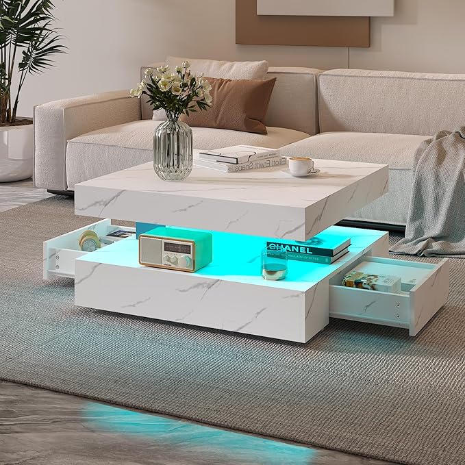 White Marble LED Coffee Table with 2 Storage Drawers for Living Room Square Center Middle Table Modern Cocktail Table with Light 2-Tier Tea Tables Contemporary Mid Century Wood Home Office