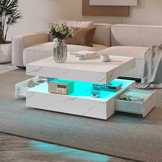 White Marble LED Coffee Table with 2 Storage Drawers for Living Room Square Center Middle Table Modern Cocktail Table with Light 2-Tier Tea Tables Contemporary Mid Century Wood Home Office