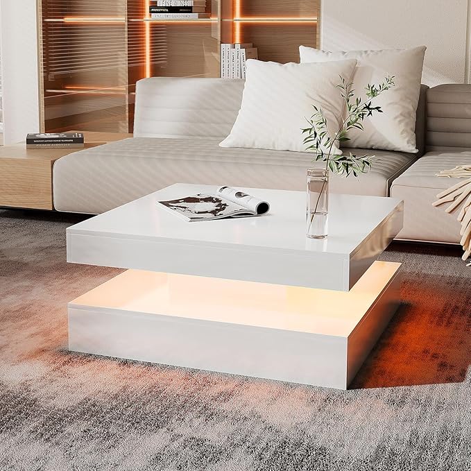 White LED Coffee Table for Living Room, 2-Tier Square Center Table Living Room Table, Modern High Glossy Contemporary Wood Coffee Tables with Storage, Suitable for Dining Reception