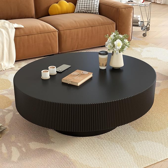 31.5 Inch Round Drum Coffee Table, Modern Handcraft Fluted Drum Coffee Table, Wooden Round Coffee Table Center Table Cocktail Table with Stable Pedestal for Living Room Apartment (Black)