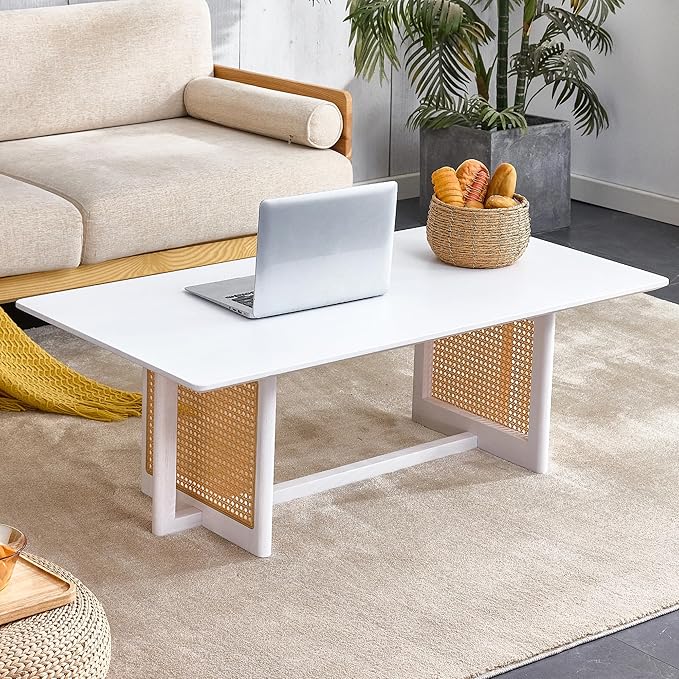 Mid Century Modern Wood Coffee Table with PE Rattan Stand, 47 Inch White Rectangular Solid Wood Boho Coffe Table, Unique Center Cocktail Table for Livinig Room Apartment Office
