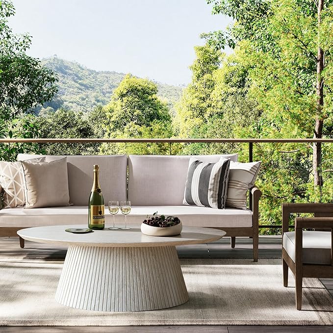 win2win Oval Coffee Table, Modern Faux Stone Coffee Table with Fluted Design, Travertine Tea Table with Tapered Base, Minimalist Center Table for Living Room, Apartment, Office, Stone