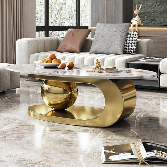 Modern Coffee Table with Gold Stainless Steel Pedestal,Oval Living Room Table with Faux Marble Top,Sintered Stone Cocktail Center Table Marble Grain,51.20inch