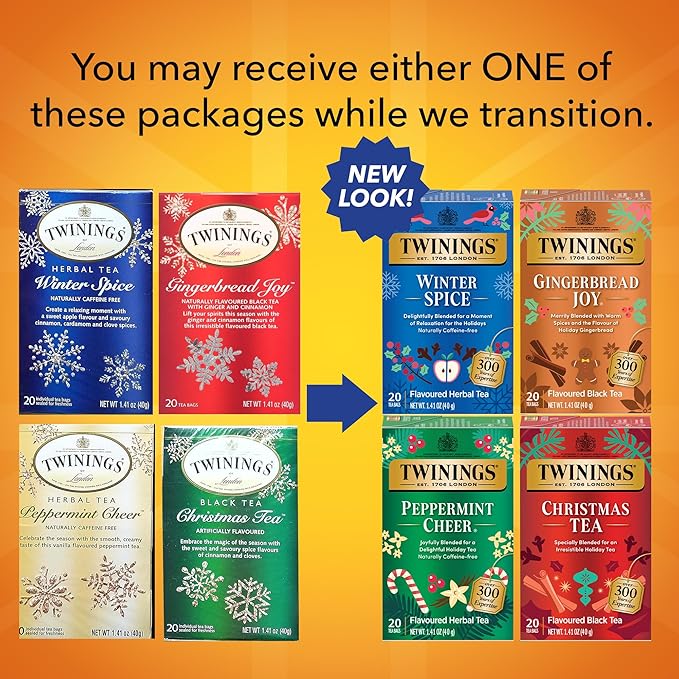 Twinings Holiday Variety Pack Tea Bags, Christmas Tea, Winter Spice, Gingerbread Joy, Peppermint Cheer, 20 Count (Pack of 4), Enjoy Hot or Iced, 80 Teabags