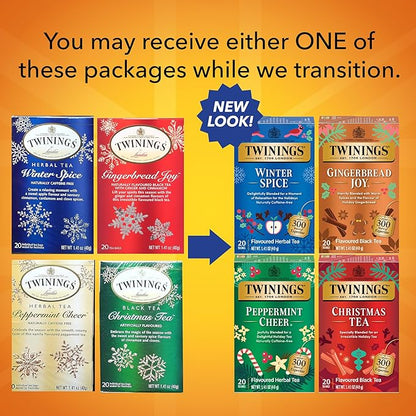 Twinings Holiday Variety Pack Tea Bags, Christmas Tea, Winter Spice, Gingerbread Joy, Peppermint Cheer, 20 Count (Pack of 4), Enjoy Hot or Iced, 80 Teabags
