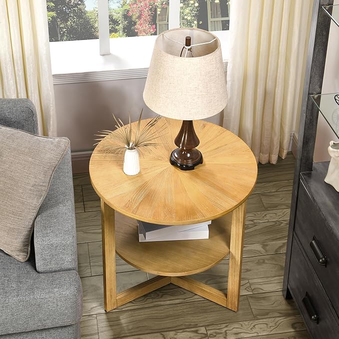 PADMA HOUSE 25" Round Wood End Table, 2-Tier Solid Wood Rounded Accent Side Table Circle Nightstand Table with Storage Shelf Vintage Furniture for Home Living Room Bedroom,Oak 3338OA