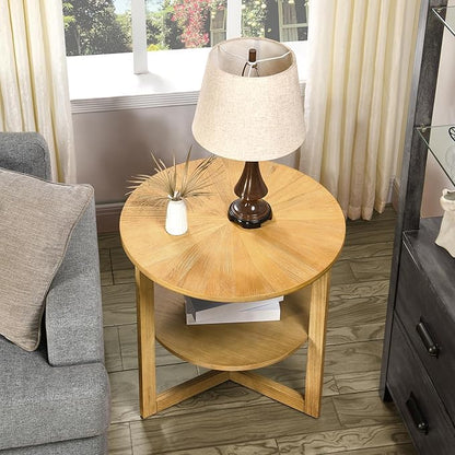 PADMA HOUSE 25" Round Wood End Table, 2-Tier Solid Wood Rounded Accent Side Table Circle Nightstand Table with Storage Shelf Vintage Furniture for Home Living Room Bedroom,Oak 3338OA