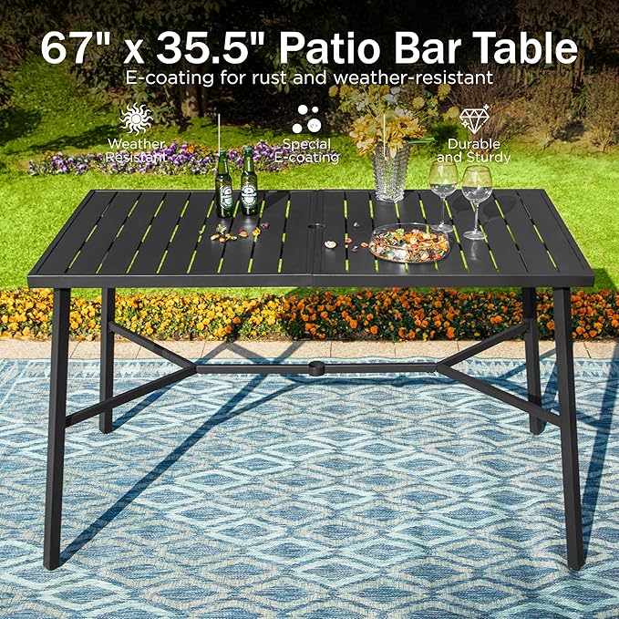 PHI VILLA Outdoor Patio Bar Dining Table for 6, 40" High Top Rectangle Metal Steel Table with 1.97" Umbrella Hole for Garden, Yard and Deck, Black