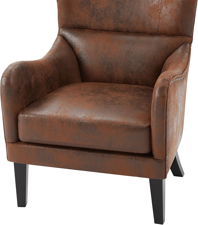 Hi-Back Brown Vintage Distressed Accent Chair with Ottoman, Tufted Design & Nailhead Trim, Polyester Fabric, Foam-Pocket Spring Seat, Living Room, Study, Bedroom Chair and Ottoman Set