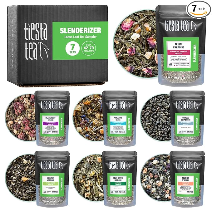 Tiesta Tea - 7 Green Teas Dry Flight Sampler, Loose Leaf, Medium Caffeine Hot & Iced Tea, Premium Green Tea Blends, 7 Resealable Sample Pouches