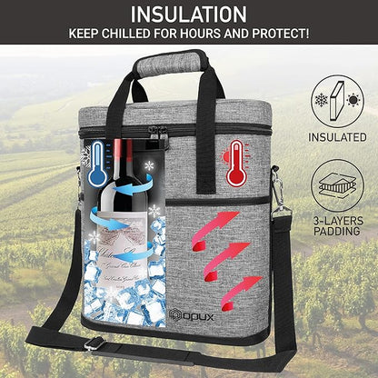 opux 3 Bottle Wine Carrier Tote, Insulated Leakproof Wine Cooler Bag, Wine Travel Bag Tote for Picnic BYOB Beach, Portable Wine Bottle Carrying Case, Gift for Wine Lover Women Men Christmas, Grey