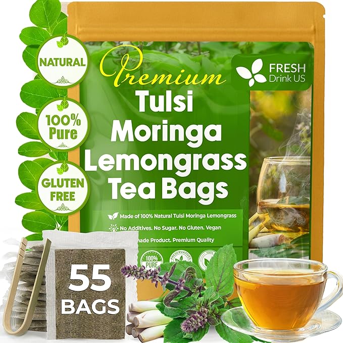 FreshDrinkUS, Premium 55 Tea Bags Tulsi Moringa Lemongrass, 100% Natural & Pure from Tulsi Holy Basil Leaves, Moringa & Lemongrass. Made with Natural Material Tea Bags. No Sugar, No Caffeine, Vegan.