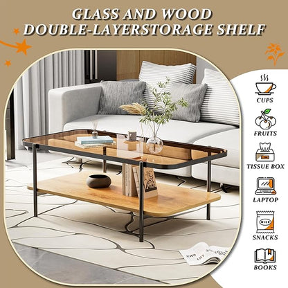 Brown Glass Coffee Table, Modern 2-Tier Coffee Table with Metal Leg, Accent Table with Wood Open Storage, Living Room Rectangular Center Table with Rounded Corners, Side Table for Home Office (Brown)