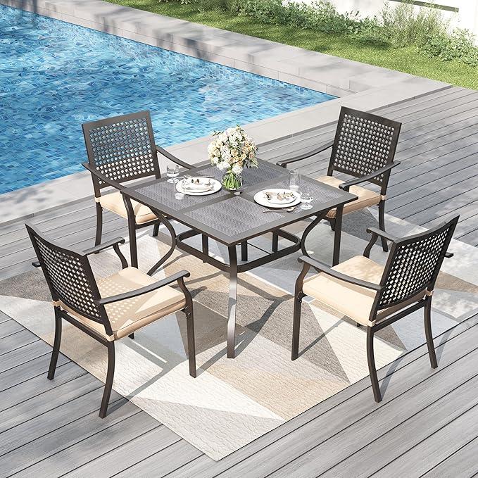 PHI VILLA Outdoor Metal Dining Chairs Set of 2, Black Wrought Iron Stackable Chairs with Cushions, Heavy-Duty Seating Furniture for Patio, Deck, Yard, Porch