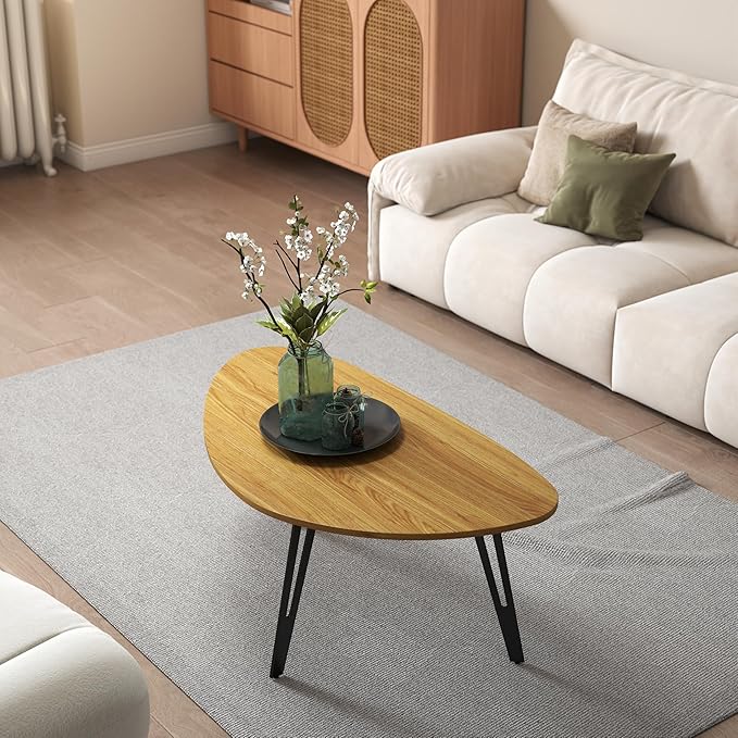 Manora Modern Mid Century Coffee Table, Oval Triangle Wood Center Table with Sturdy Metal Legs, Stylish Living Room Accent Table for Small Spaces