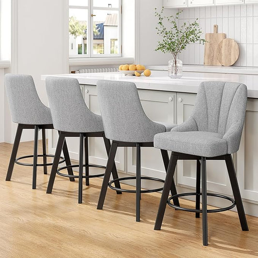 Bar Stools with Backs, 24" Counter Height Bar Stools, Fabric Upholstered Counter Barstools Set of 4 with Solid Wood Legs for Kitchen Island, Home Bar, Light Gray