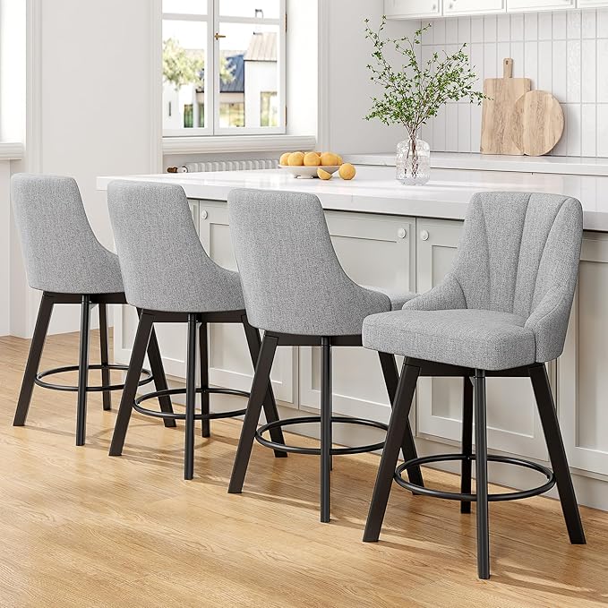 Swivel Bar Stools with Backs, 24" Counter Height Barstools Set of 3, Fabric Upholstered Counter Bar Stools with Solid Wood Legs for Kitchen Island, Home Bar, Light Gray