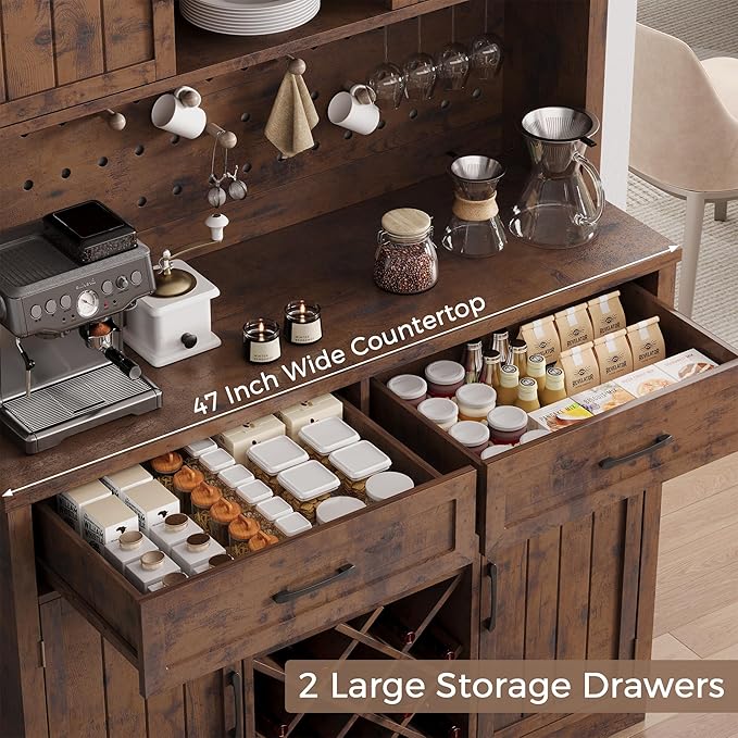 72" Coffee Bar Cabinet with Power Outlet & LED Light, Farmhouse Large Kitchen Hutch with Sliding Barn Door, Tall Bar Cabinets with Storage Drawers & Wine Glass Rack,Pantry China Cabinet,Vintage Brown