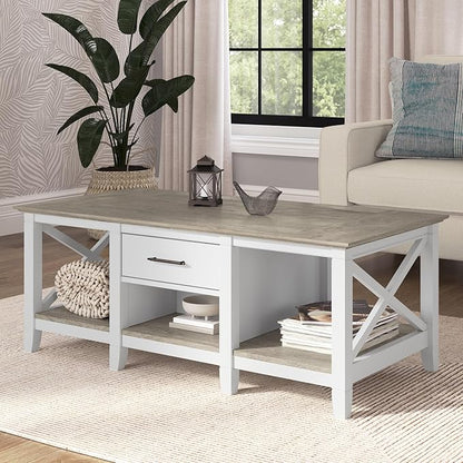 Bush Furniture Key West Coffee Table with Storage in Pure White and Shiplap Gray