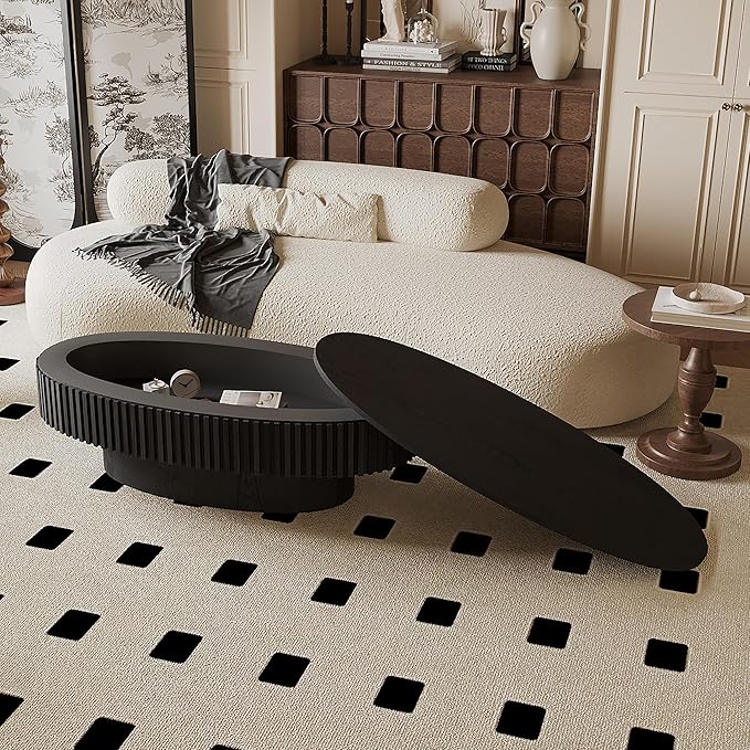 47 Inch Oval Drum Coffee Table with Storage, Handcraft Fluted Drum Coffee Table, Modern Wooden Oval Cocktail Tea Table Center Table with Sturdy Pedestal for Living Room Apartment (Black)