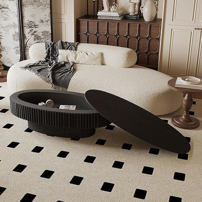 47 Inch Oval Drum Coffee Table with Storage, Handcraft Fluted Drum Coffee Table, Modern Wooden Oval Cocktail Tea Table Center Table with Sturdy Pedestal for Living Room Apartment (Black)