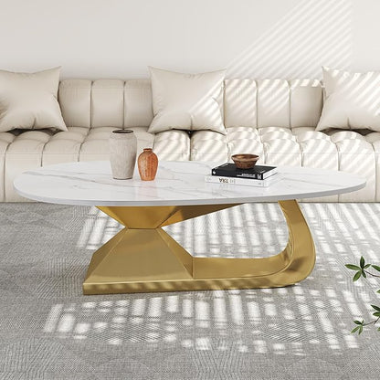 Marble Grain Coffee Table with Gold Stainless Steel Pedestal,Modern Coffee Tables,Oval Living Room Table with Faux Marble Top & Luxury Legs,Sintered Stone Cocktail Center Table,51.20inch