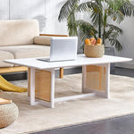 Load image into Gallery viewer, Mid Century Modern Wood Coffee Table with PE Rattan Stand, 47 Inch White Rectangular Solid Wood Boho Coffe Table, Unique Center Cocktail Table for Livinig Room Apartment Office