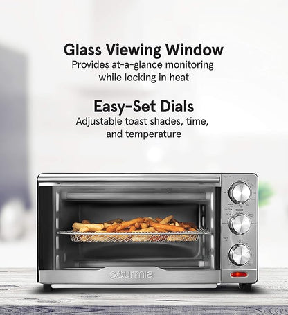 Gourmia GTF7350 6-in-1 Multi-function, Stainless Steel Air Fryer Oven - 6 Cooking Functions - Fry Basket, Oven Rack, Baking Pan & Crumb Tray, Included + Recipe Book