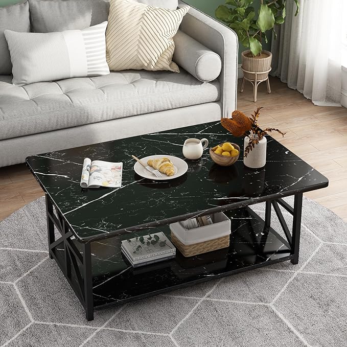 AWQM Faux Marble Coffee Table for Living Room,Modern 2-Tier Coffee Table with Storage,Rectangular Center Table for Sofa,Sturdy Frame,Black