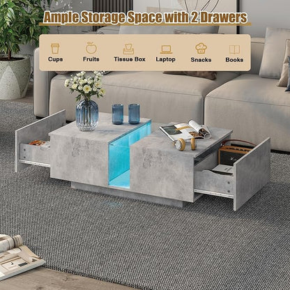 Grey Led Coffee Table for Living Room, Rectangular Living Room Table with Storage, Acrylic Coffee Tables with 2 Sliding Drawers, Wood Center Table for Reception Dinning Room