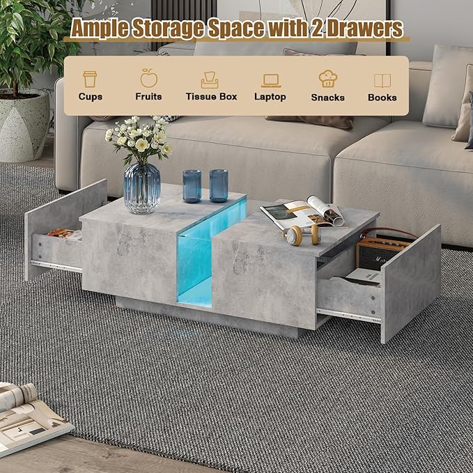 Grey Led Coffee Table for Living Room, Rectangular Living Room Table with Storage, Acrylic Coffee Tables with 2 Sliding Drawers, Wood Center Table for Reception Dinning Room