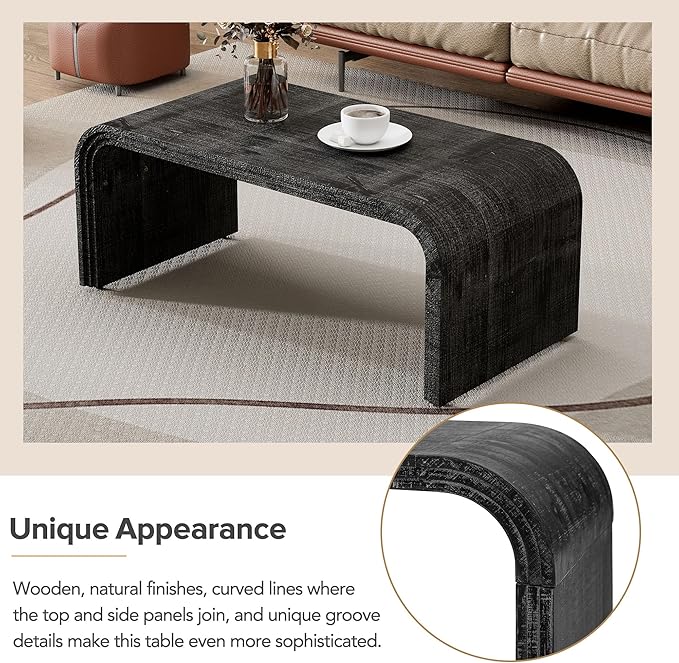 Bellemave Modern Coffee Table with Curved Art Deco Design Center Sofa Table Minimalist Cocktail Wooden Table for Living Room, Antique Black