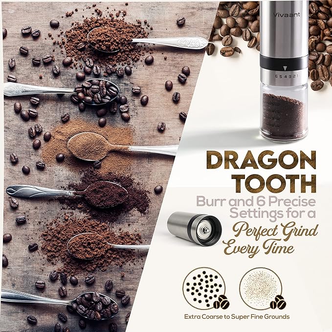 Manual Coffee Grinder (32g Capacity), Hand Coffee Grinder with Adjustable Dragon Tooth Stainless Steel Conical Burr, Bean Coffee Grinder Manual for Drip Coffee, Espresso, & French Press