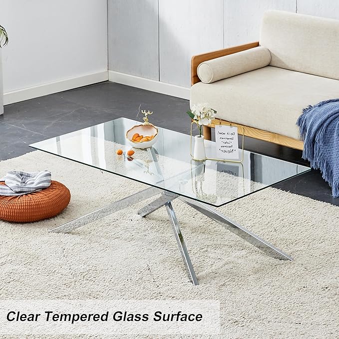 Silver Glass Coffee Table Set of 3 Modern End Table Living Room Side Table, Geometric Metal Legs 47.2 Inch Clear Rectangle Center Cocktail Tables, Chrome Silver