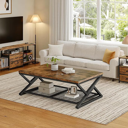 EnHomee Coffee Table with Storage, Modern Coffee Tables for Living Room with Mesh Shelf, 2 Tier Rectangular Center Table for Living Room, Bedroom, 47.2 Inch, Rustic Brown