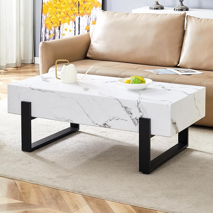 47.2" Marble-Patterned Rectangle Coffee Table MDF Desktop with Metal Legs for Living Room Dining Room Office, White and Black