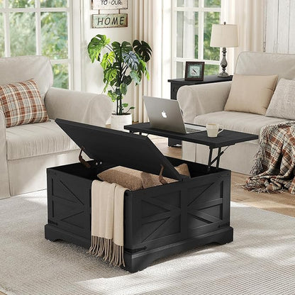 Furnideco Farmhouse Lift Top Coffee Table, Square Wood Center Table with Large Hidden Storage Compartment for Living Room, Rustic Cocktail Table with Hinged Lift Top for Home, Black