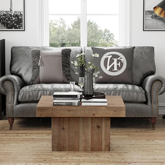 Modern Farmhouse Wood Block Coffee Table, Rustic Square Table Chunk Table with Cubic Base for Family, Living Room, Lounge, Nature Wood Finish, Sturdy, Distressed, Rectangle