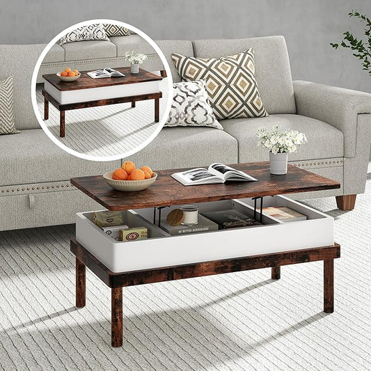 Shintenchi Coffee Table, Lift Top Coffee Table with Hidden Compartment, Rising Tabletop Dining Table, Lift Top Coffee Center Table for for Living Room, Office, Home (Rustic Brown)