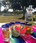 Load image into Gallery viewer, Hand Blown Mexican Tequila Shot Glasses – Set of 6 Cobalt Blue Rim Tequila Shot Glasses (2 oz each)