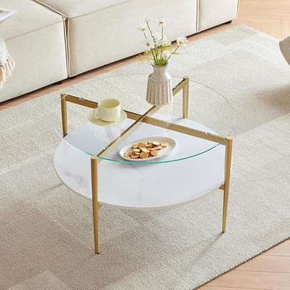 Shrine Modern Coffee Table with Glass Top, Round Table for Living Room, Two-Tier 30-Inch White Wooden Storage Coffee Table, Gold Table Legs Structure & Clear Glass Top