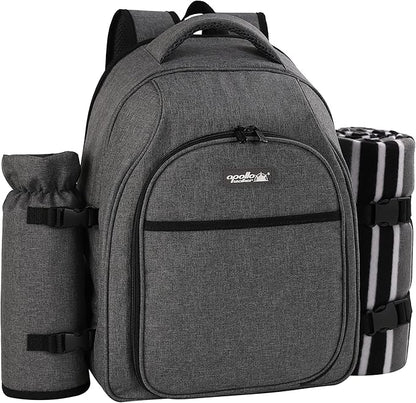 apollo walker Picnic Backpack Bag for 2 Person with Cooler Compartment, Detachable Bottle/Wine Holder, Fleece Blanket, Plates and Cutlery Set (2Person,Grey)